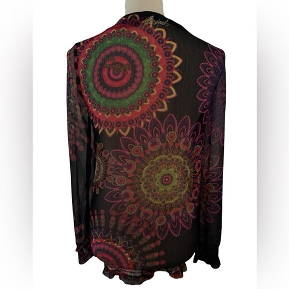 Desigual Black Vibrant Multicolor Sheer Long Sleeve Mandala Tunic Top Size Small - Picture 4 of 11